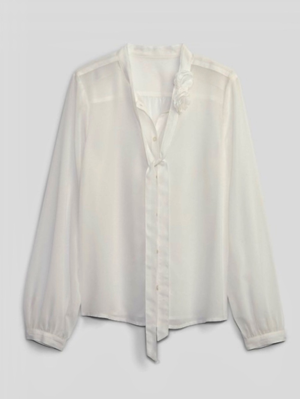 NWOT Gap Flowy White Sheer Long Sleeved Tie Floral Neck Button Down Shirt Medium
